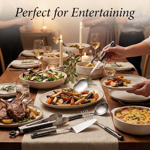 Stainless steel HAPPY KIT serving utensils set with 10 pieces, including spoons and tongs, for serving food and salads.