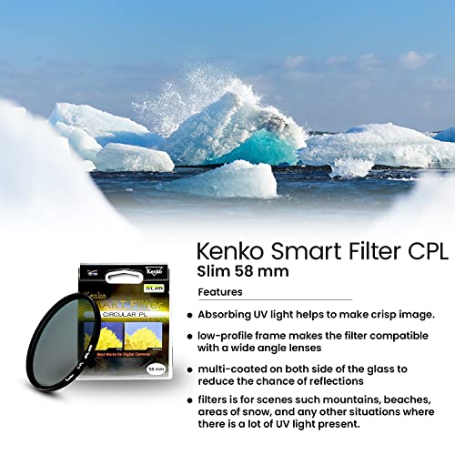Kenko Camera Lens Effect Filter Smart C-PL 58mm, for Landscape, Adjust Contrast and Saturation, Removes Diffuse Reflection of Light, Low-Profile, 358993
