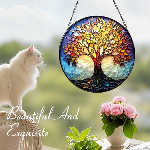 Stained Glass Tree of Life Suncatcher, 7.9" Real Glass