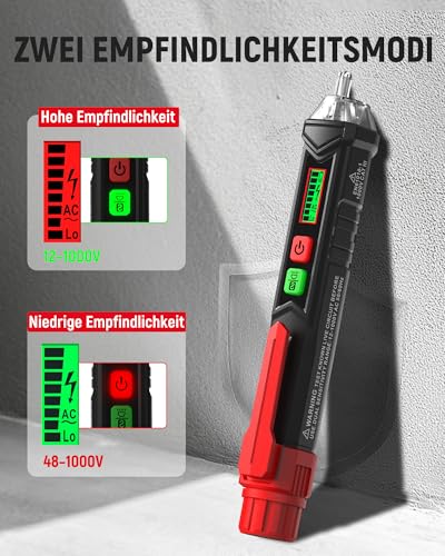 KAIWEETS Voltage Tester Non-Contact NCV, Dual Sensitivity 12/48-1000V AC Non-Contact Phase Tester, Live/Neutral Detection, Beep & LED Alarm, CAT III 1000V, Pocket Size HT100EU