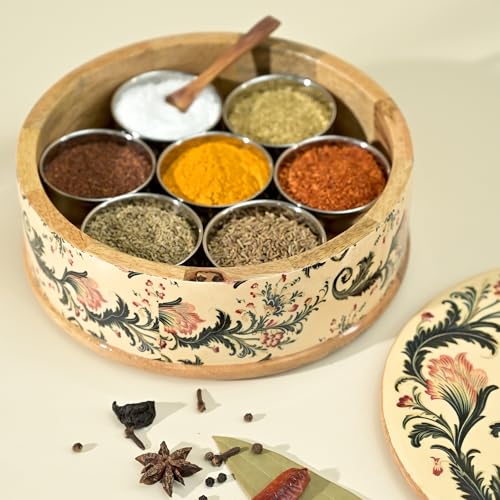Brick Brown Handcrafted Wooden Ikat Bloom Masala Box for Kitchen | Masala Dabba | Spice Jars | Spice Rack Organizer Storage Box with 7 Containers and 1 wooden spoon(8.25x3.75 Inch) Medium, Ikat
