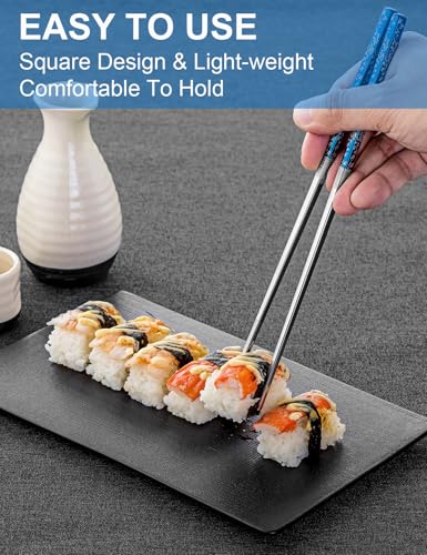 FOFAYU Metal Chopsticks Reusable 2 Pairs Titanium Plated Stainless Steel Chopsticks with Holder, Dishwasher Safe Non-Slip Japanese Style Chop Sticks Present Set (Blue Silver) Blue Silver Floral