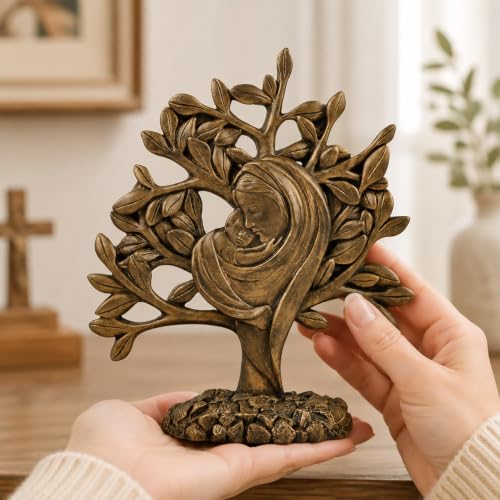 MeritMode Madonna and Child Statue, Virgin Mary with Baby Jesus Figurine Bronze Nativity Tree