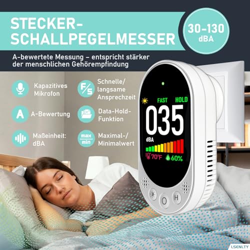 LSENLTY Decibel Meter, Decibel Meter for Wall Socket, Sound Level Meter with Data Hold, Max/Min Display, Fast/Slow Response Time, Temperature & Humidity Measurement, Pack of 1