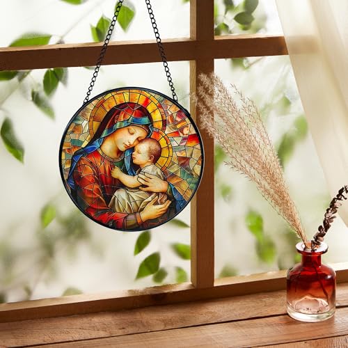 Virgin Mary Suncatcher Window Hanging, Religious Sun Catchers Indoor Window Round Glass Wall Art Decor, Spiritual Suncatcher Wall Hanging Decorations, Gardening & Lawn Care Mom Kid