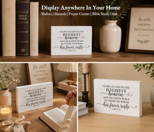 Christian Desk Decor, Luke 2:14 Bible Verse Rustic Farmhouse Wood Block Sign, Inspirational Gift for Women & Men, Perfect for Daily Encouragement -A54