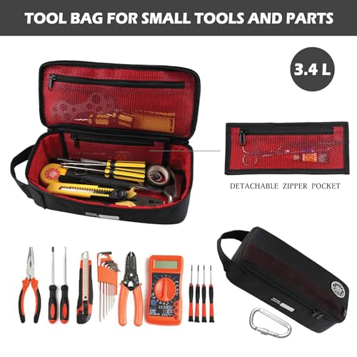 Rough Enough 12-inch small Cordura tool bag with red interior and EDC pouch design