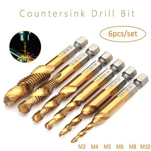 MAGT Tap Set, 6 Pieces Metric Thread M3-M10 Tap Cutter Set Titanium Coated HSS Drill Bits Set 1/4 Inch Hex Shank