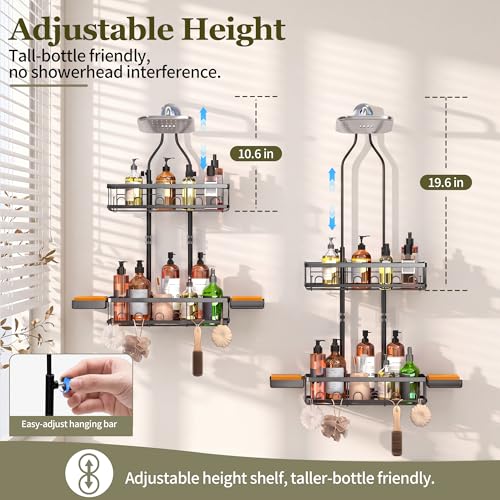 Skyapex black hanging shower caddy with adjustable hooks over shower head for organized bathroom storage