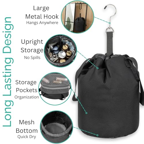 Quick Dry Mesh Shower Caddy for College Dorms – Lightweight Shower Caddy Mesh with Drawstring Top, Breathable Mesh Bottom, and Multiple Pockets with Zippers for Cruise Essentials for Shower (Black) Black