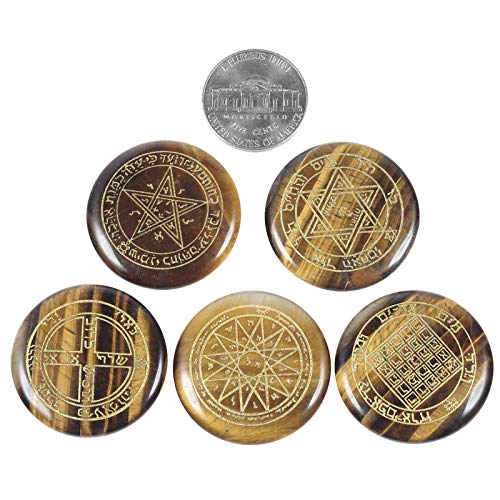 Amogeeli Tiger's Eye Healing Stone Set of 5, Solomon Symbol Engraved Energy Pocket Crystal for Reiki Tiger's Eye Stone