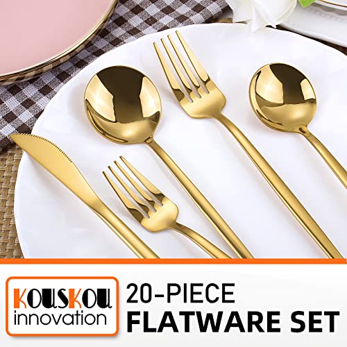 Mirror Gold Silverware Set, 20-Piece Flatware Cutlery Sets Service for 4, Mirror Polished Tableware Set, Utensils for Kitchens, Home and Restaurant, Dishwasher Safe Gold Mirror