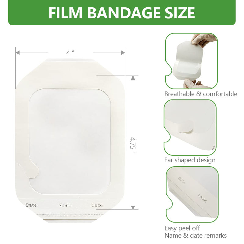 [Australia - AusPower] - Transparent Film Dressing 4'' x 4.75'', 50 Packs, Waterproof Wound Cover Bandage, Post Surgical Shower or Tattoo Aftercare Bandage, IV Shield, Transparent Adhesive Patch 4x4 3/4 
