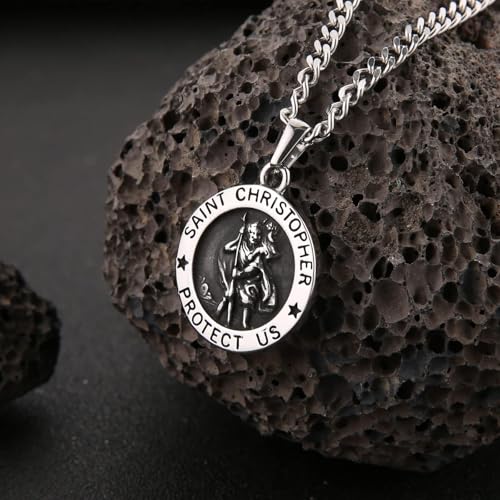HZMAN Saint Christopher Necklace for Men Women Stainless Steel Round Retro Religious Medal Amulet Pendant Jewelry Gift