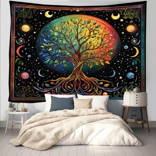 FENDROM Moon Phase Tree of Life Tapestry Galaxy Sun and Moon Flower Plant Tapestries Boho Mandala Spiritual Aesthetic Wall Hanging Backdrop Blanket for Bedroom Living Room Dorm Decor 79"L x 59"W