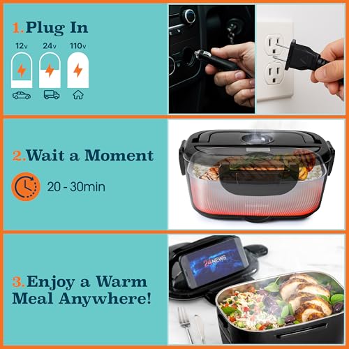 TRAVELISIMO Electric Lunch Box for Adults 100W Heated Lunch Box For Men 1.5L Stainless Steel Portable Food Warmer, 12/24/110V for Travel & Work, Loncheras Electricas Para Calentar almuerzo Black