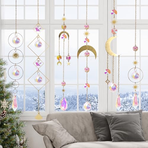 6pcs Crystal Suncatcher, Sun Catcher Hanging for Windows, Spiritual, Rainbow Maker, Crystal Indoor Garden Home Decor,Gemstone Prism（Set 2） Set 2