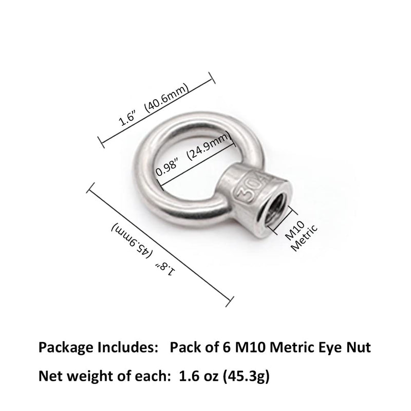 [Australia - AusPower] - Lependor M10 Metric Ring Shape Lifting Eye Nut 304 Stainless Steel Lifting Eye Threaded Nut Fastener - 6 Pcs M10 (3/8") 6 Pcs M10 (3/8") 