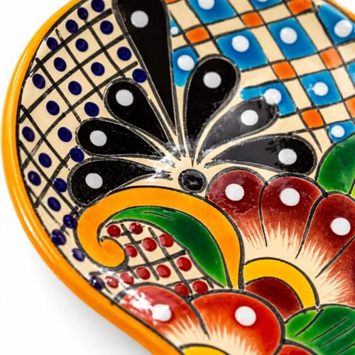 Multicolor Mexican Talavera ceramic spoon rest by Casa Fiesta Designs, featuring vibrant patterns and a smooth surface.