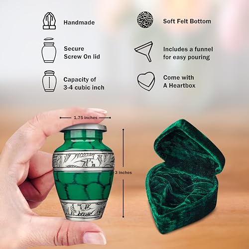 Small Keepsake Cremation Urn for Human Ashes Men Women with Velvet Heart Case, Bag & Funnel – Green Mini Family Sharing Funeral Tiny Urn Male Female or Pet - Memorial Decorative Urn for Mom Dad