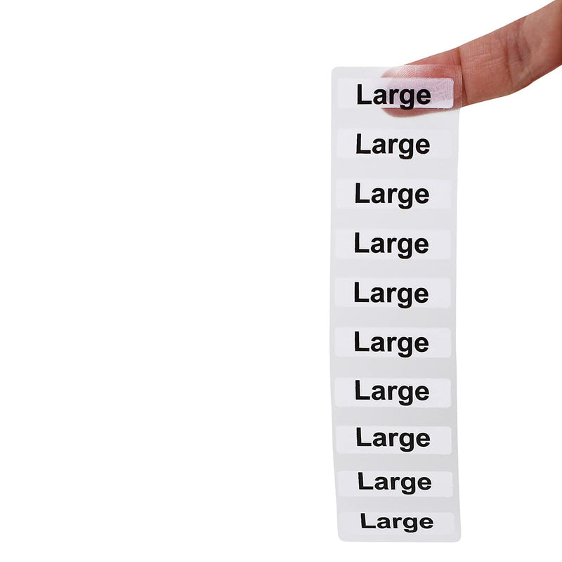 Large Clothing Labels – Clear Size Strip Stickers with Black Text, 1.25 x 5 Inch Adhesive Labels, 125 Total Stickers for Retail Apparel, Clothing Organization, and Inventory – Made in The USA Large