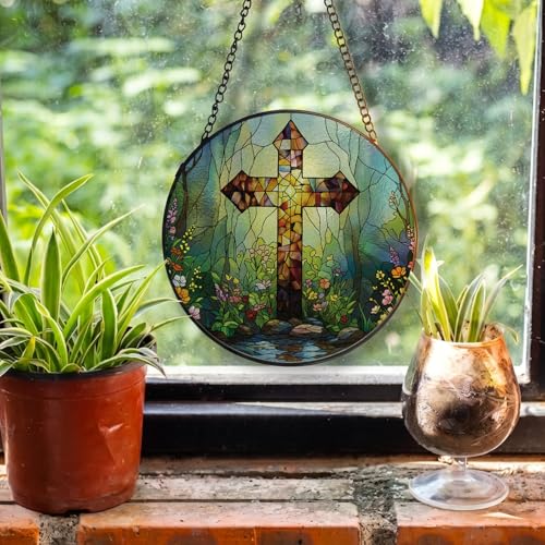Christian Cross Stained Glass Hanging Religious Gifts for Women,6.3in 005-b-cross