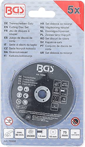 BGS 70998 Cutting Disc Set for Stainless Steel Diameter 75 x 1.0 x 10 mm 5-Piece | Metal separation, body work, vehicle construction, control cabinet construction, max. Operating speed: 80 m/s Cutting disc | for item 70994