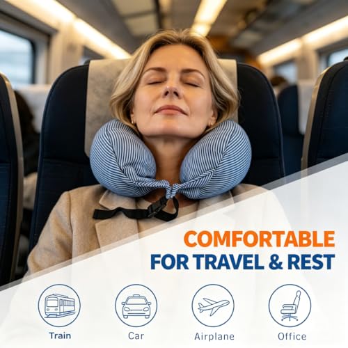 Microbead Sleep Head Pillow Portable Travel Neck Pillow, Breathable Soft Stretchy Fabric for Plane, Car, Office & Home Naps (Blue) Blue Stripes
