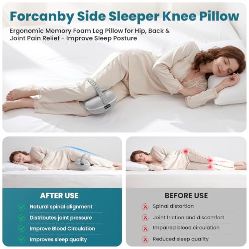 Leg & Knee Pillow for Side Sleepers - Smooth Spine Alignment Pillow - Memory Foam Knee Pillows for Back Hip Pain, Spine Aligning, Sciatica, Surgery Recovery, Pregnancy Light Grey-regular
