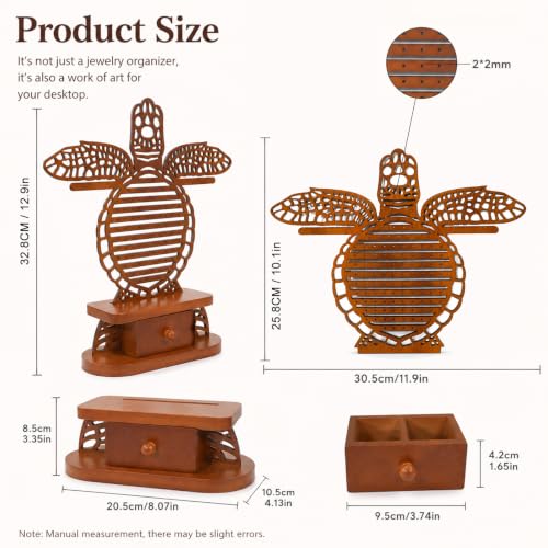 Wooden Sea Turtle Stud Earring Organizer, Jewelry Holder with Storage Box Brown gray with Storage Box
