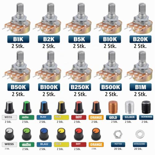 10 Values Potentiometer Mono Linear B1K B2K B5K B10K B20K B50K B100K B250K B500K B1M WH148 Rotary Potentiometer 3 Terminals B Type Taper Single Potentiometer with Nuts and Washer and Knob
