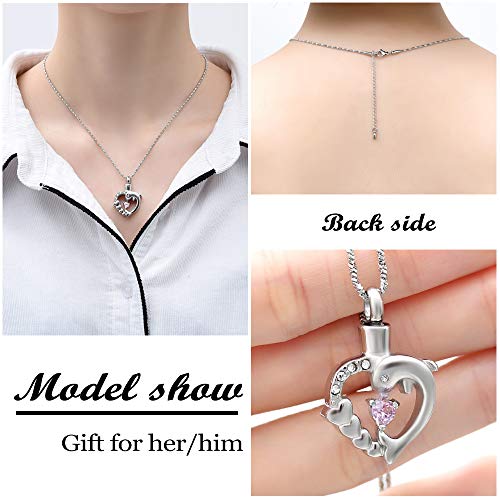 Yinplsmemory Cremation Jewelry Dolphin Urn Necklace for Ashes for Women silver and pink