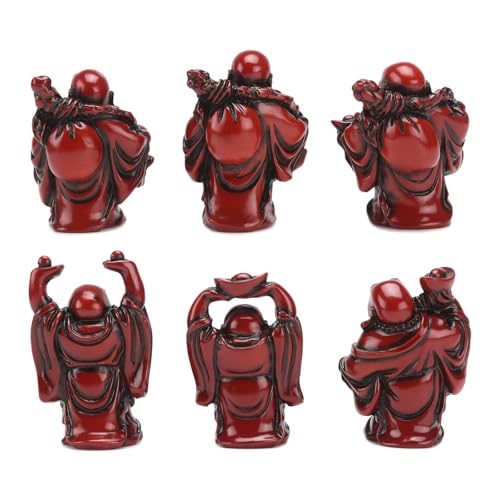 6Pcs 2in Red Resin Laughing Buddha Figurines, Tabletop Lucky Decor 2.5'' Resin Red Set