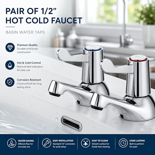 Pair of Bathroom Basin Sink Taps – Chrome Brass Pillar with Ceramic Lever, Hot & Cold Water Mixer, Modern Deck Mounted Basin Faucet for Bathroom or Kitchen Wash Basin