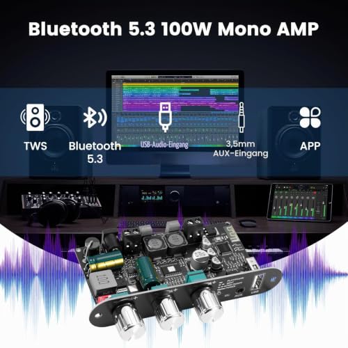ZK-1001U Bluetooth 5.3 Mono Amplifier HiFi Stereo with TWS & Boost Circuit, 100W Output, Mini Audio Amplifier for Home and Outdoor DIY Speakers, USB/AUX/BT Input, DC 9-24V ZK-1001U