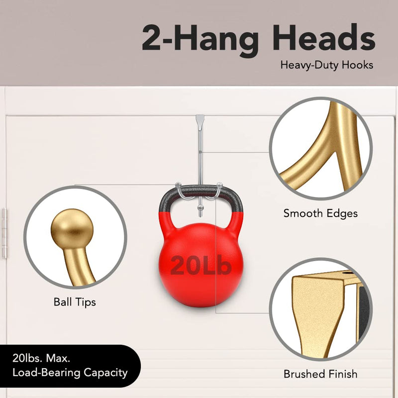 [Australia - AusPower] - 2-Pack Over The Door Hooks - with 2 Hang Heads & Snug Fit Pads Heavy Duty Hook for Hanging Coats, Towels, Caps & Robes - Elegant Matt Finish - No Drill Hanger Organizer - Gold 