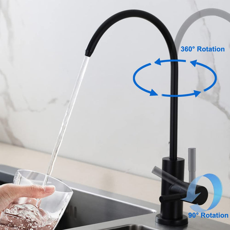 Black Drinking Water Faucet, Non-Air-Gap Beverage Faucet for Kitchen Sink | 360° Rotation Spout RO Faucet, SUS304 Stainless Steel Pure Water Filter Faucet for Reverse Osmosis Water Purify System Matte Black