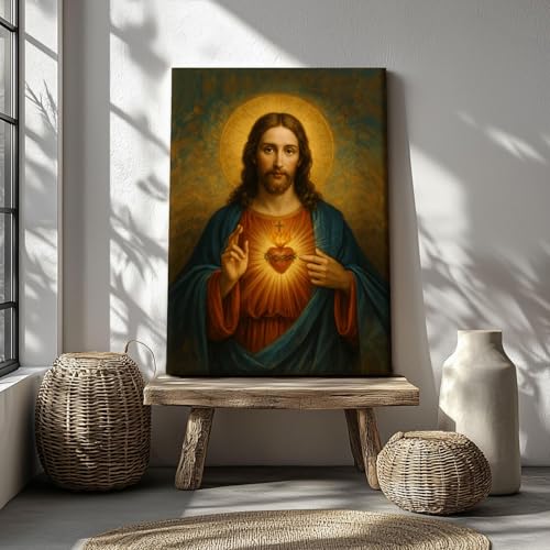 AUUAUU Sacred Heart of Jesus Wall Art Christian Canvas Painting 12x16 Inch 16"L x 12"W