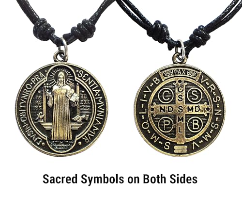 Antique Bronze Saint Benedict of Nursia Medal Pendant Necklace
