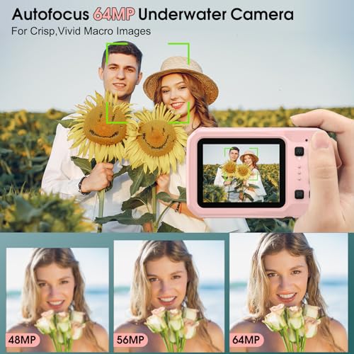 4K Underwater Camera, 64MP 16FT Waterproof Camera, 16GB Card, Pink