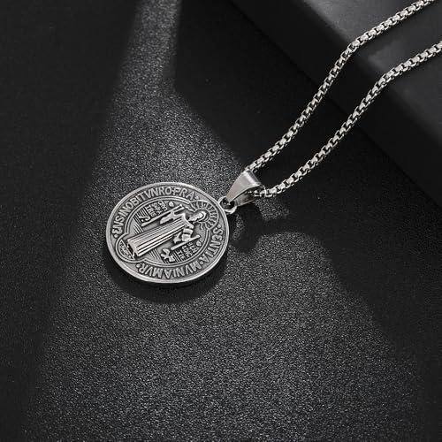 St Benedict Exorcism Medal Necklace - Stainless Steel Christian Catholic Roman Cross Pendant - Patron Saint Amulet Medal Religion Jewelry Silver