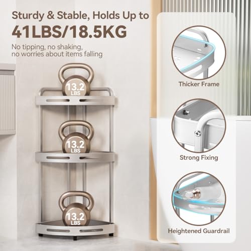 Silver 3-tier standing corner shower caddy by Binecer with multiple shelves for organizing toiletries in the bathroom.