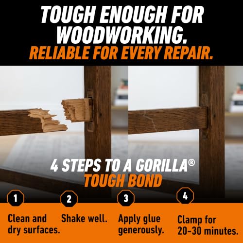 GORILLA Fast Clamp Wood Glue, 8 oz bottle of water-resistant PVA adhesive