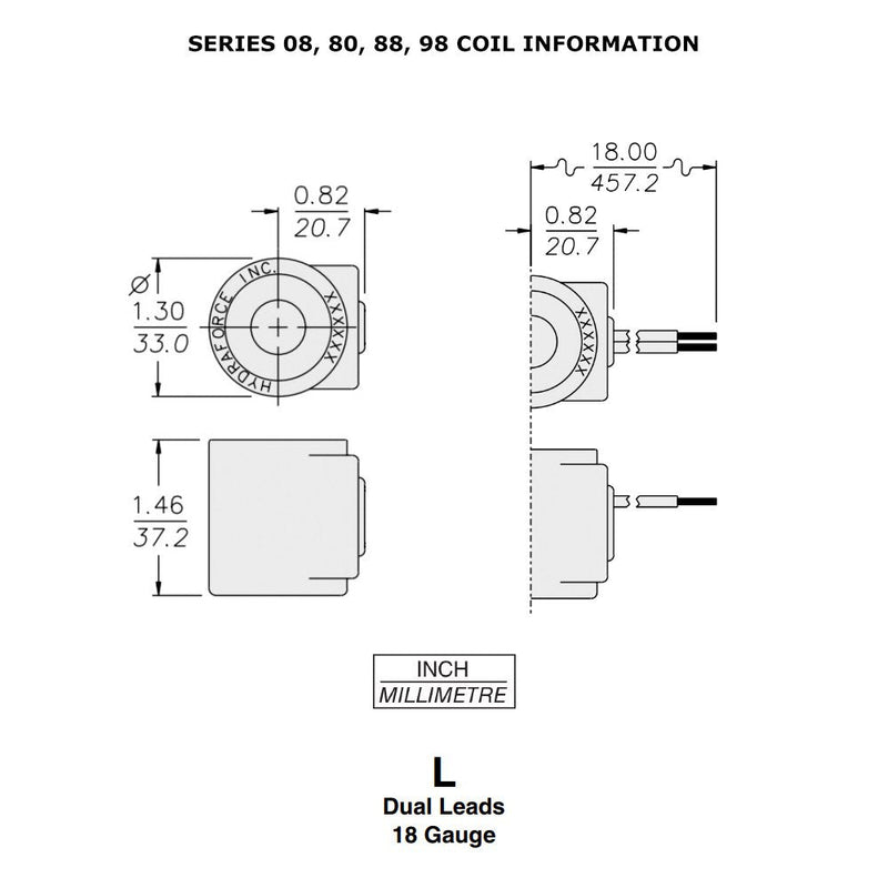 HY 6302012 - Hydra force Coil With Wire Leads 12 Volt DC Fits 08, 80, 88, and 98 series Hydraforce Stems (1/2" Hole)