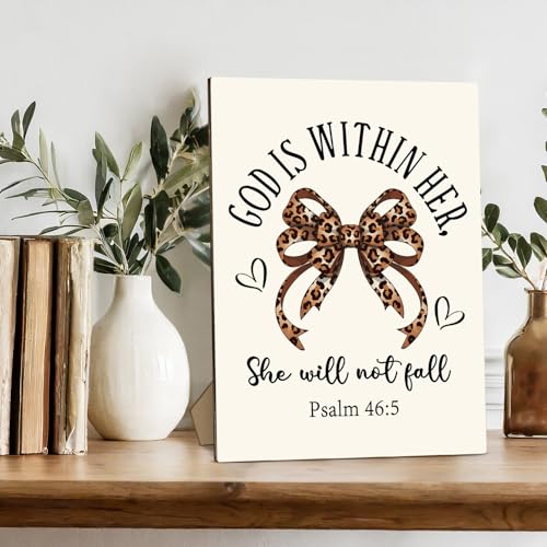 Psalm 46:5 Christian Desk Decor - God is within Her, Leopard Bow Wooden Sign Gifts for Women, Home Bedroom Girls Dorm Room Office Tabletop Decor, 8 x 11 Inches -A014 Leopard Bow-1