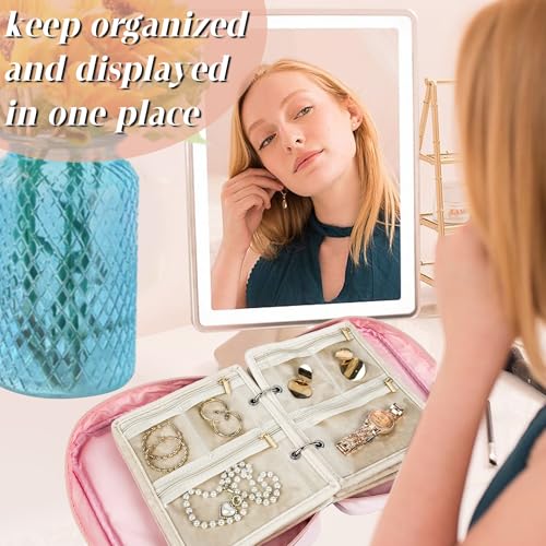 Travel Jewelry Organizer Case,Small Jewelry Bags Jewelry Storage Book Binder with Clear Zipper Velvet Pouch for Traveling,Earrings, Rings, Necklace, Bracelet (Pink) Pink