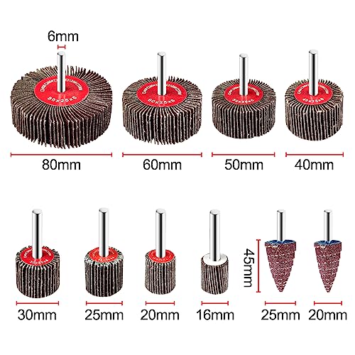 Fousenuk Pack of 20 Flap Grinders with Shank, 10 Different Diameters | Flap grinder, polishing disc for drill and rotating tool, straight grinder for rust removal, polished