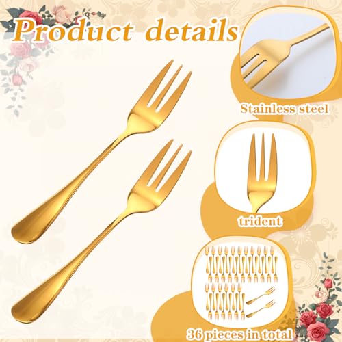 36 Pcs Gold Stainless Steel Dessert Forks, 3-Tine Mini Oyster Fork Appetizer Seafood Cocktail Salad Fruit Tableware, 5.6 Inch Elegant Mirror Polished for Party Travel Picnic Buffet Wedding
