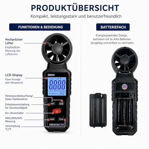 3 in 1 Handheld Digital Anemometer Anemometer Anemometer | Measurement of wind speed, wind strength and wind temperature, digital anemometer with LCD screen