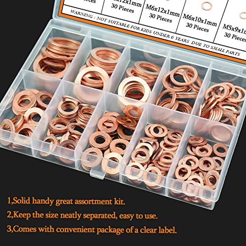 HELIFOUNER copper metric flat sealing washers assortment kit in 10 sizes, including M5, M6, M8, M10, M12, M14, M16
